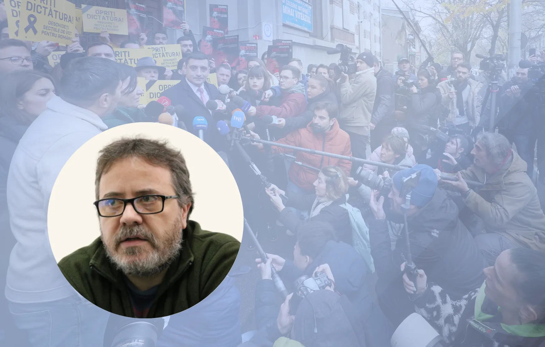 Photo of Claudiu Tufis, courtesy of the interviewee. Background image of George Simion, president of the Alliance for the Union of Romanians party, speaking to the press at a closed polling station after the election was legally annulled (Credit  LCVA)